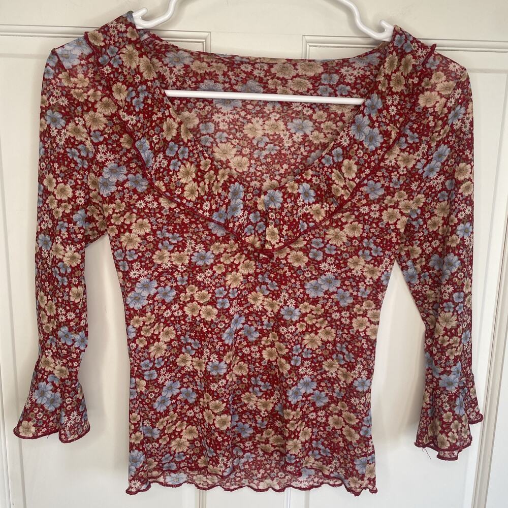 Vintage Y2K Mesh Ruffle Crop Top Size S Ditsy Floral Coquette Fairy Whimsigoth